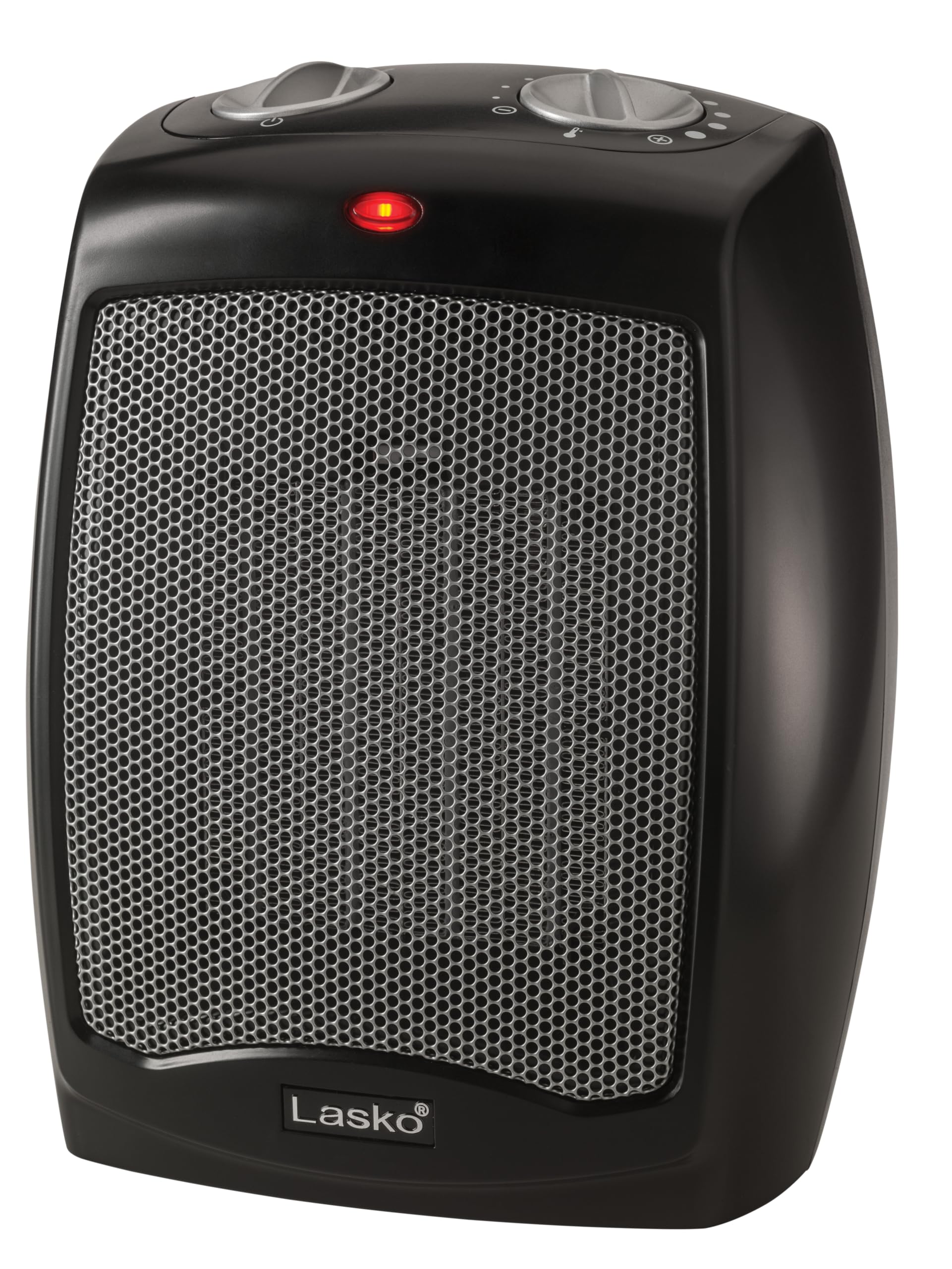 Lasko CD09250 front view showing a compact desk heater in black.