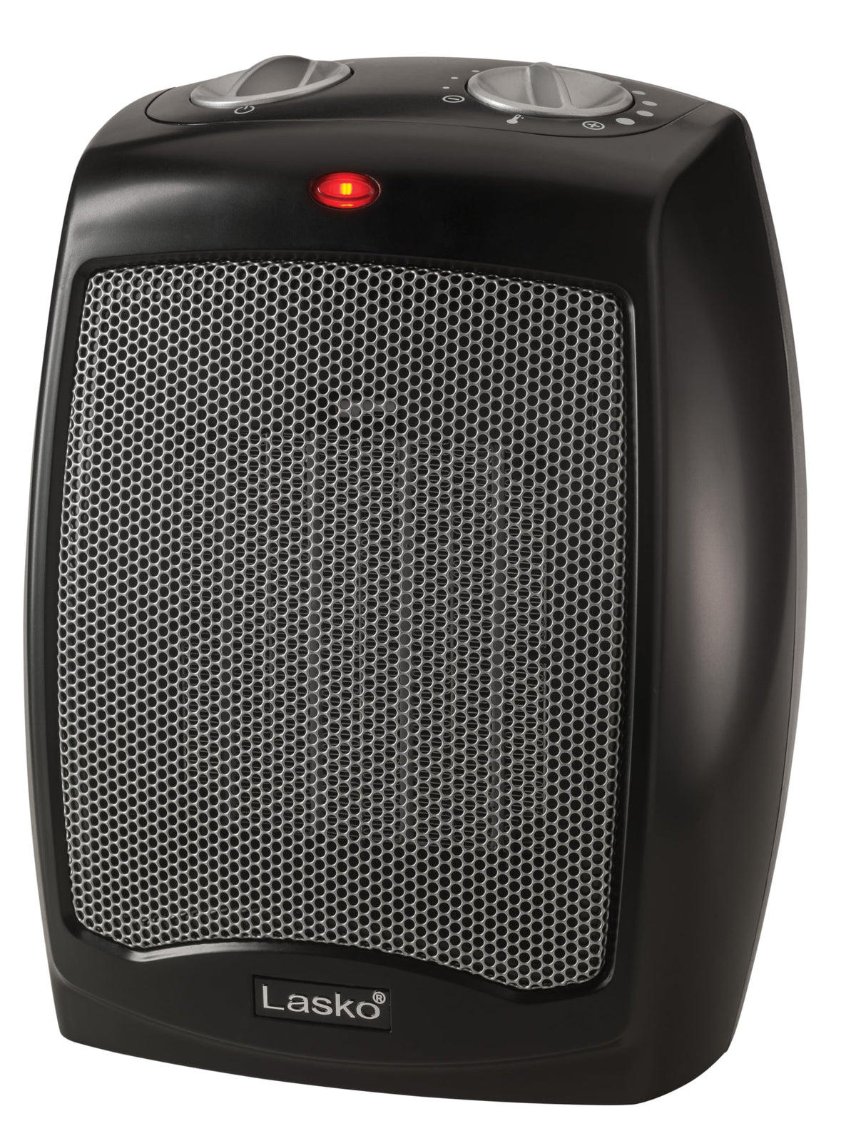 Lasko CD09250 front view showing a compact desk heater in black.