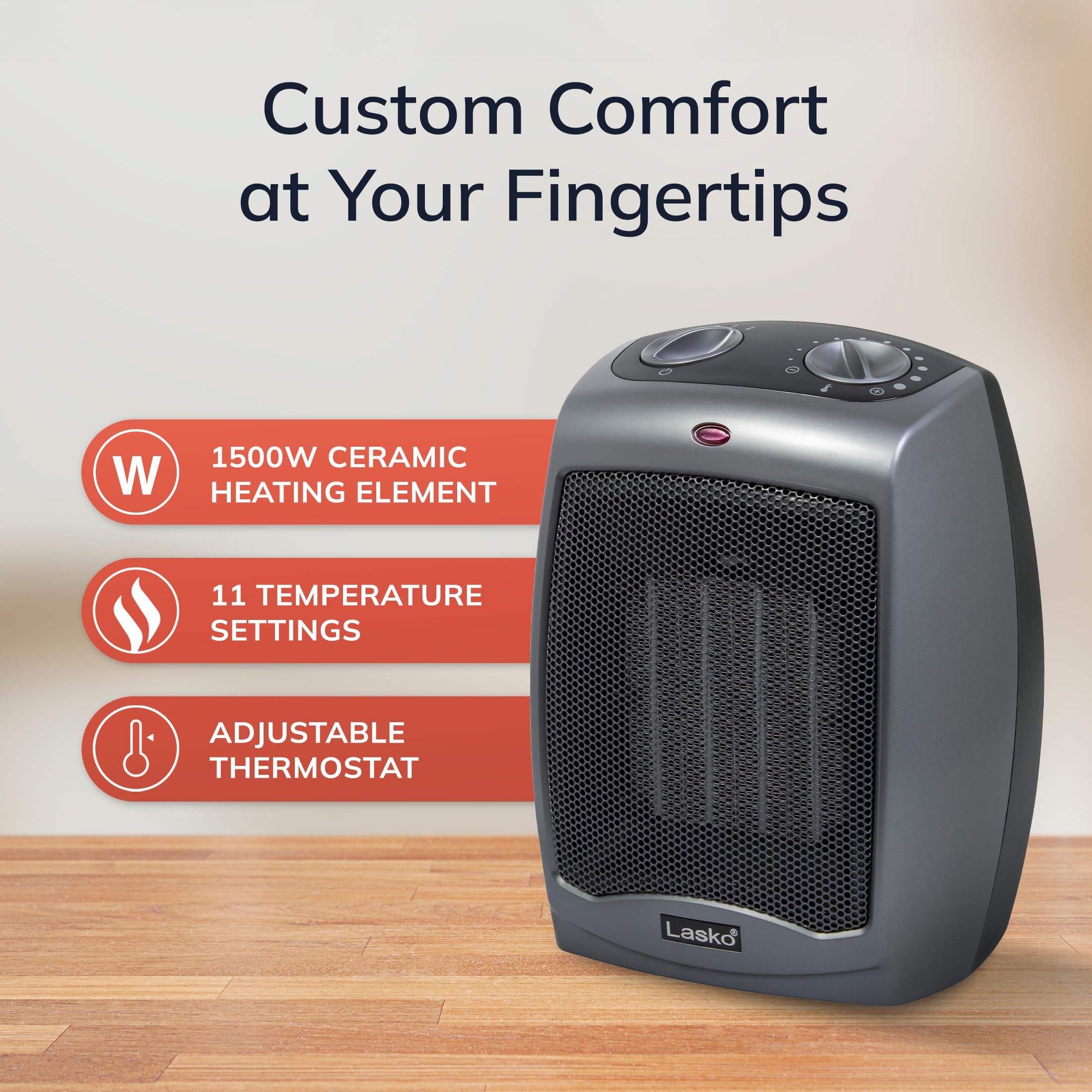 Lasko portable carry handle enables easy room-to-room relocation