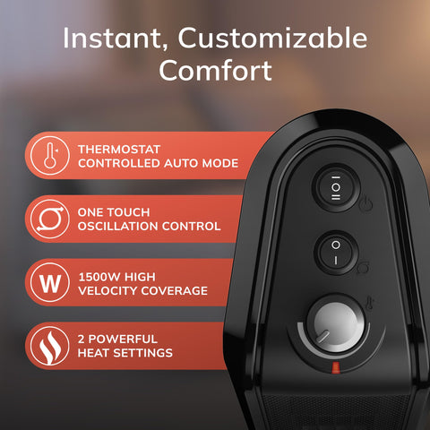 Lasko CT16450 manual thermostat control emphasizes simple warmth adjustment.