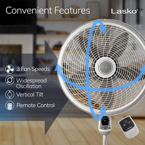 Lasko Cyclone Pedestal Fan remote control for convenient adjustments from sofa