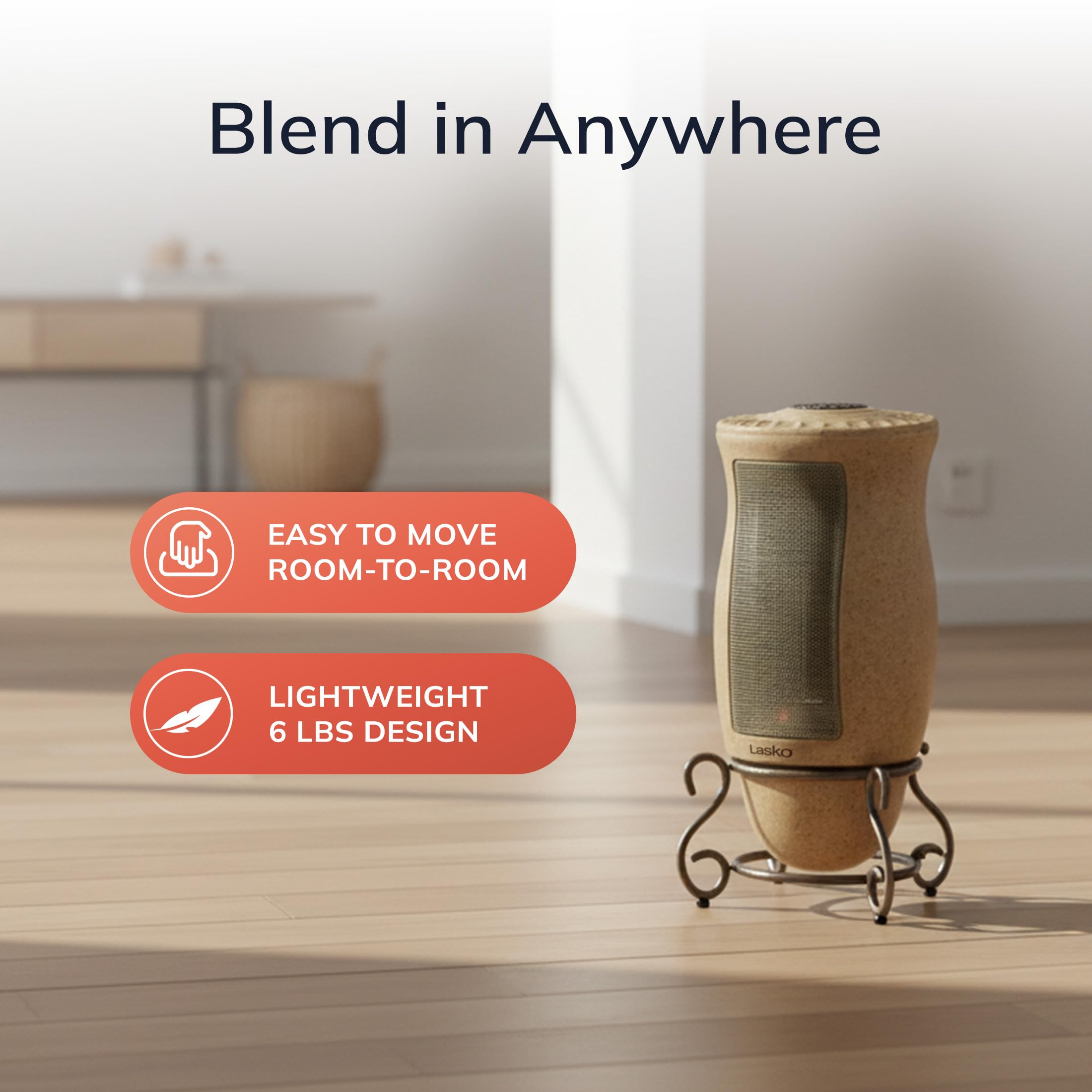 Lasko Designer Ceramic Tower heater oscillation distributes heat throughout the space