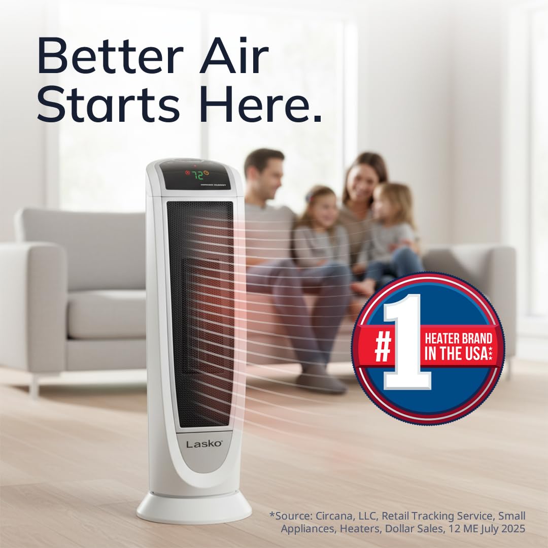 Lasko tower heater showing two heat settings for flexible warmth