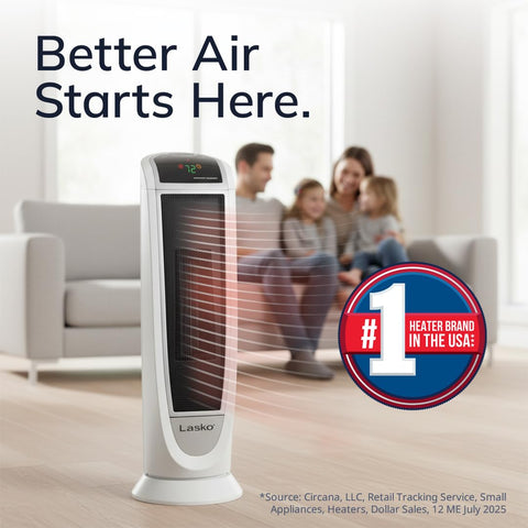Lasko tower heater showing two heat settings for flexible warmth