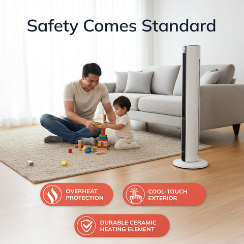 Lasko FH500 360-degree oscillation distributes warm or cool air evenly.