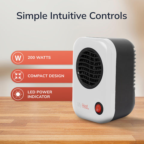 Lasko MyHeat quiet fan distributing warmth in a personal area.