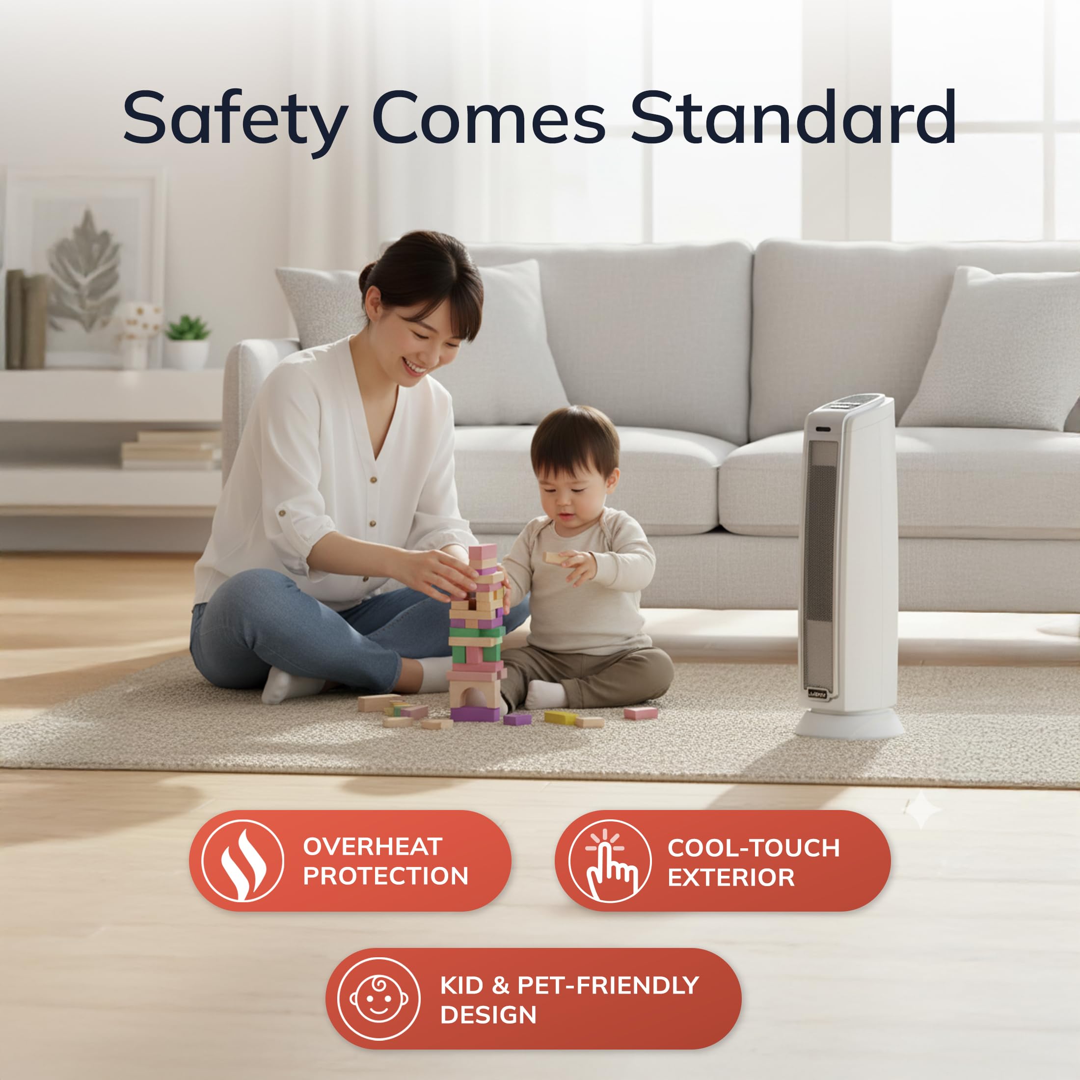 Lasko built-in carry handle enables easy room-to-room movement