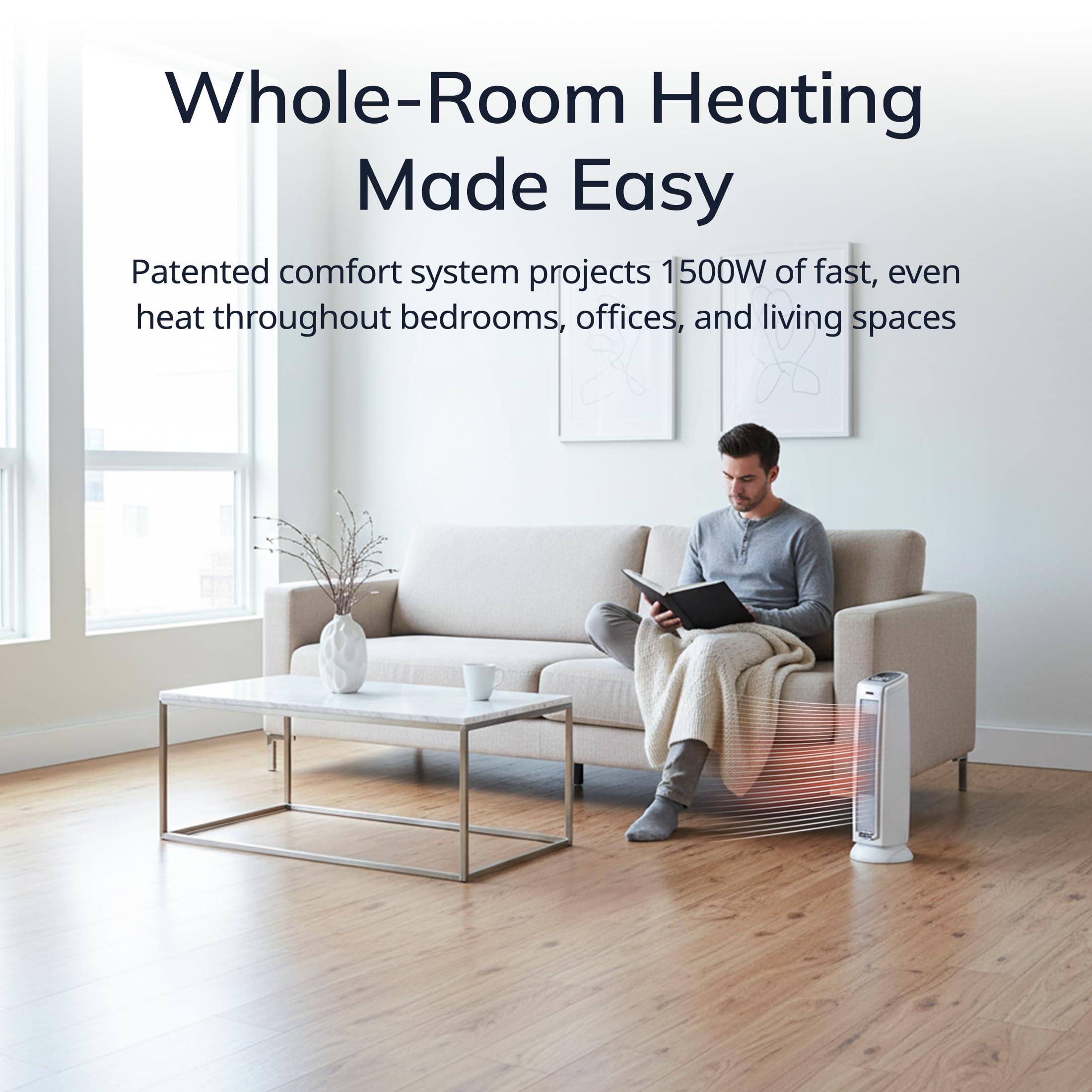 Lasko controls panel highlights thermostat and dual heat options