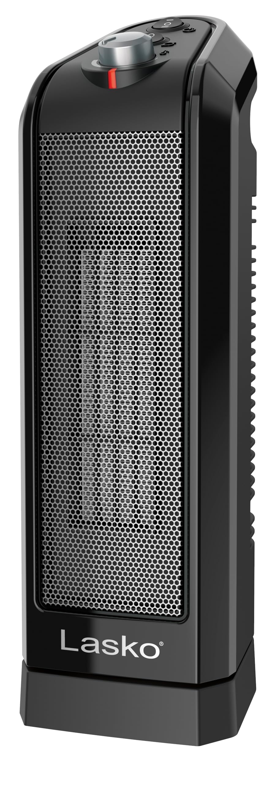 Lasko oscillating ceramic tower heater front view shows compact design for small rooms and desks.