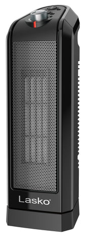 Lasko oscillating ceramic tower heater front view shows compact design for small rooms and desks.