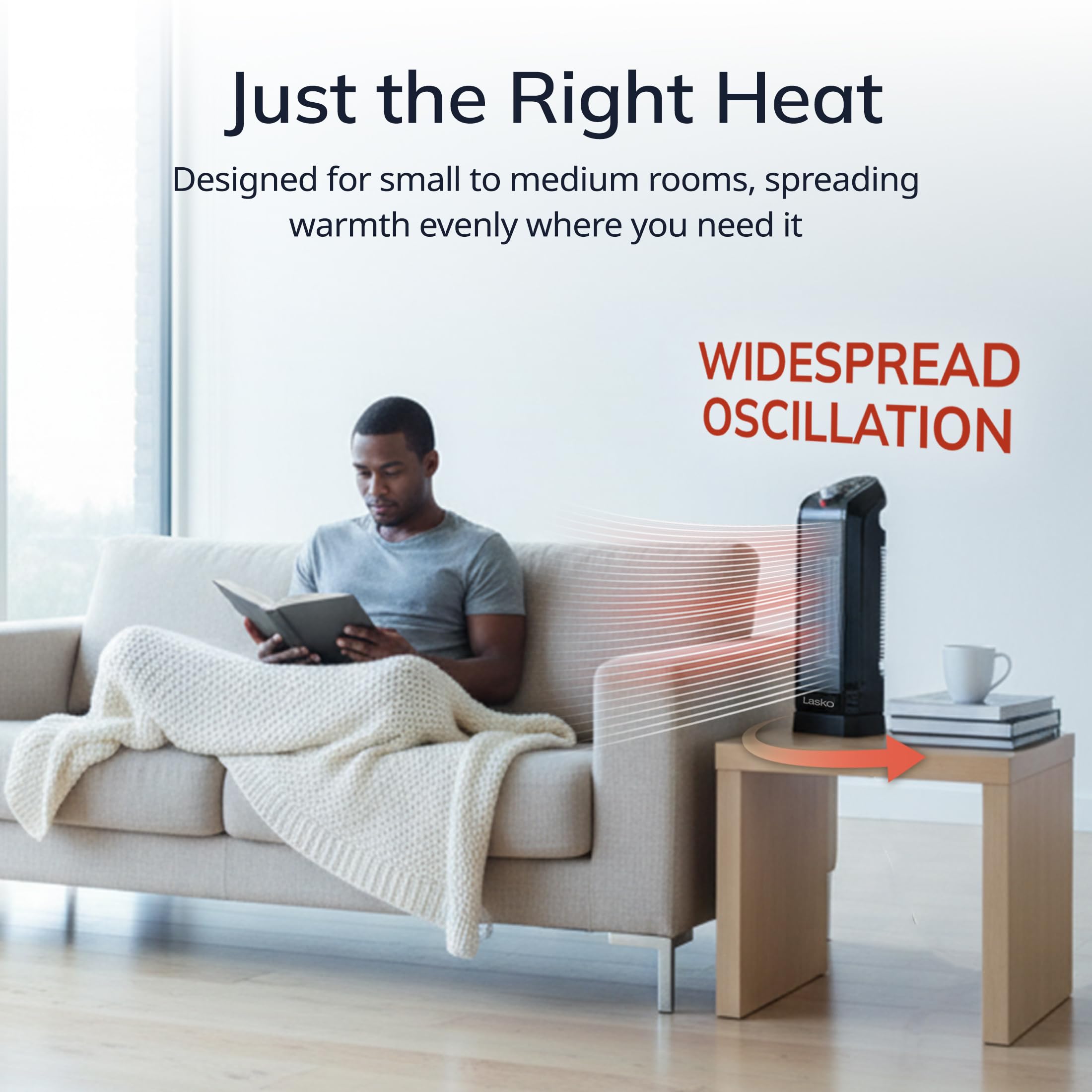 Lasko CT16450 oscillation action demonstrates wide heat coverage across a room.