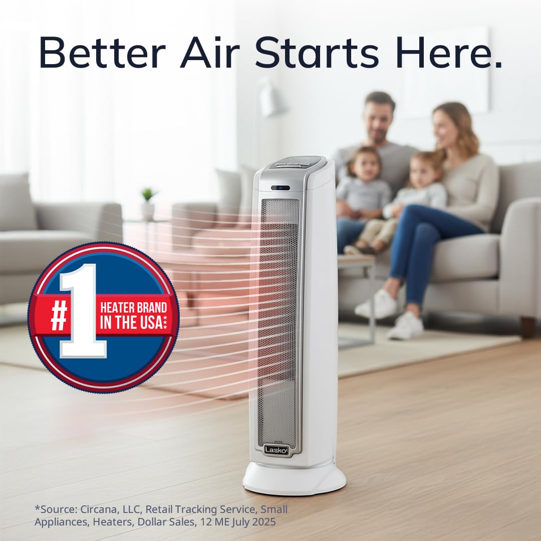Lasko tower heater side profile shows compact footprint for small spaces