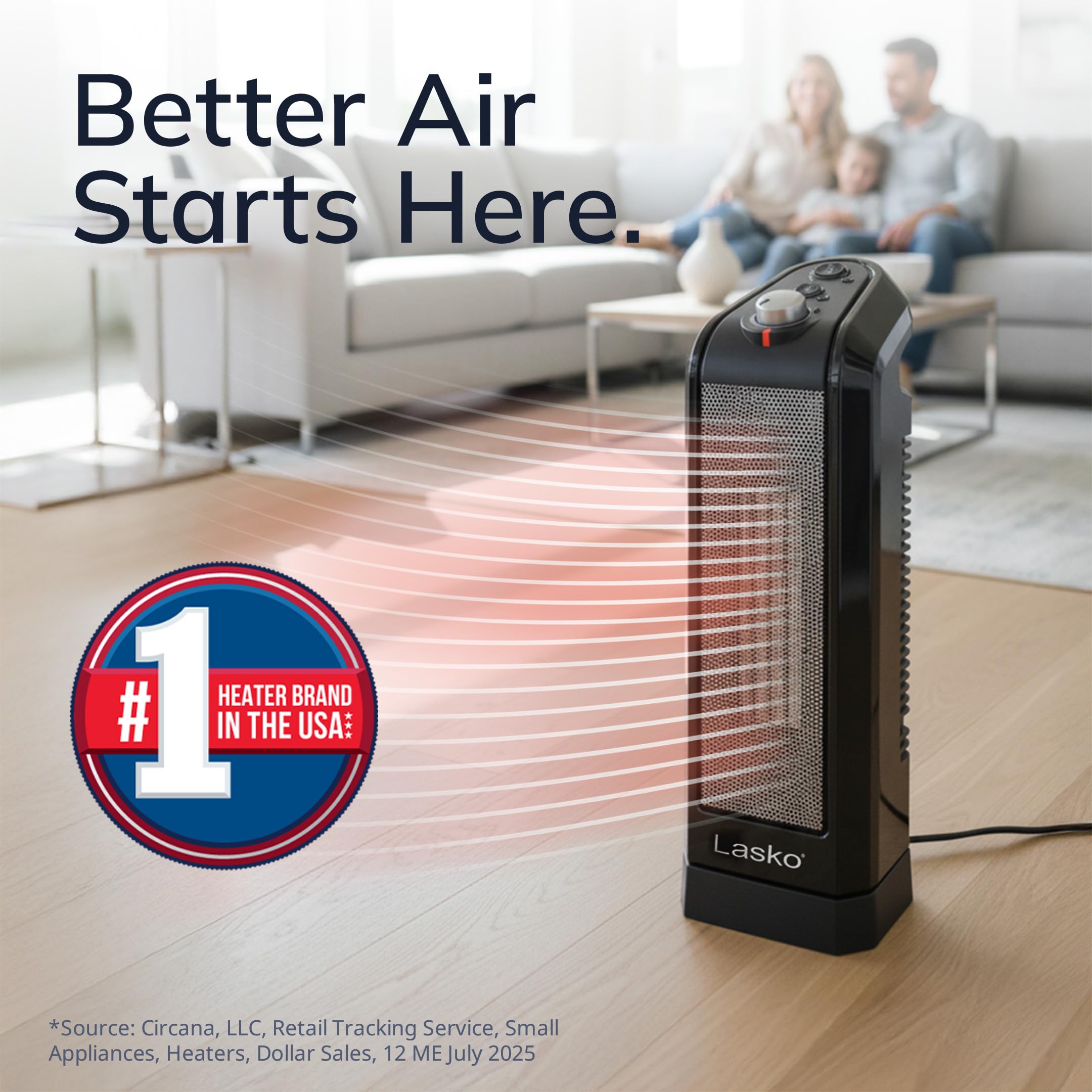 Lasko oscillating ceramic tower heater side view highlights slim profile for tight spaces.