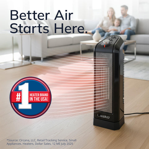 Lasko oscillating ceramic tower heater side view highlights slim profile for tight spaces.