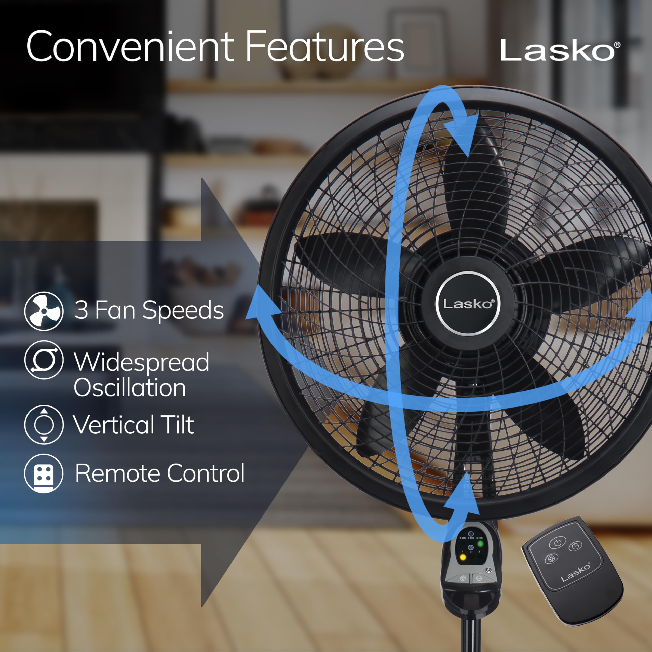 Lasko tilt-head feature directing airflow to seating area