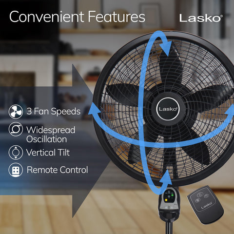 Lasko tilt-head feature directing airflow to seating area