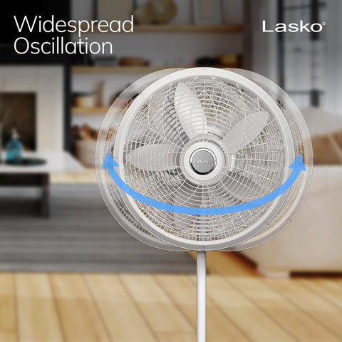 Lasko fan provides 60-degree oscillation for broad room cooling.