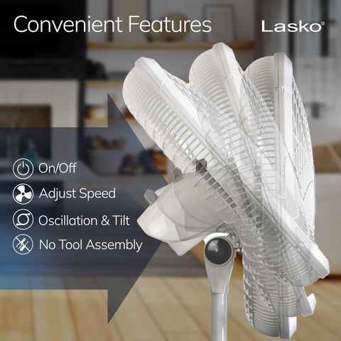 Lasko assembly requires no tools for quick setup.