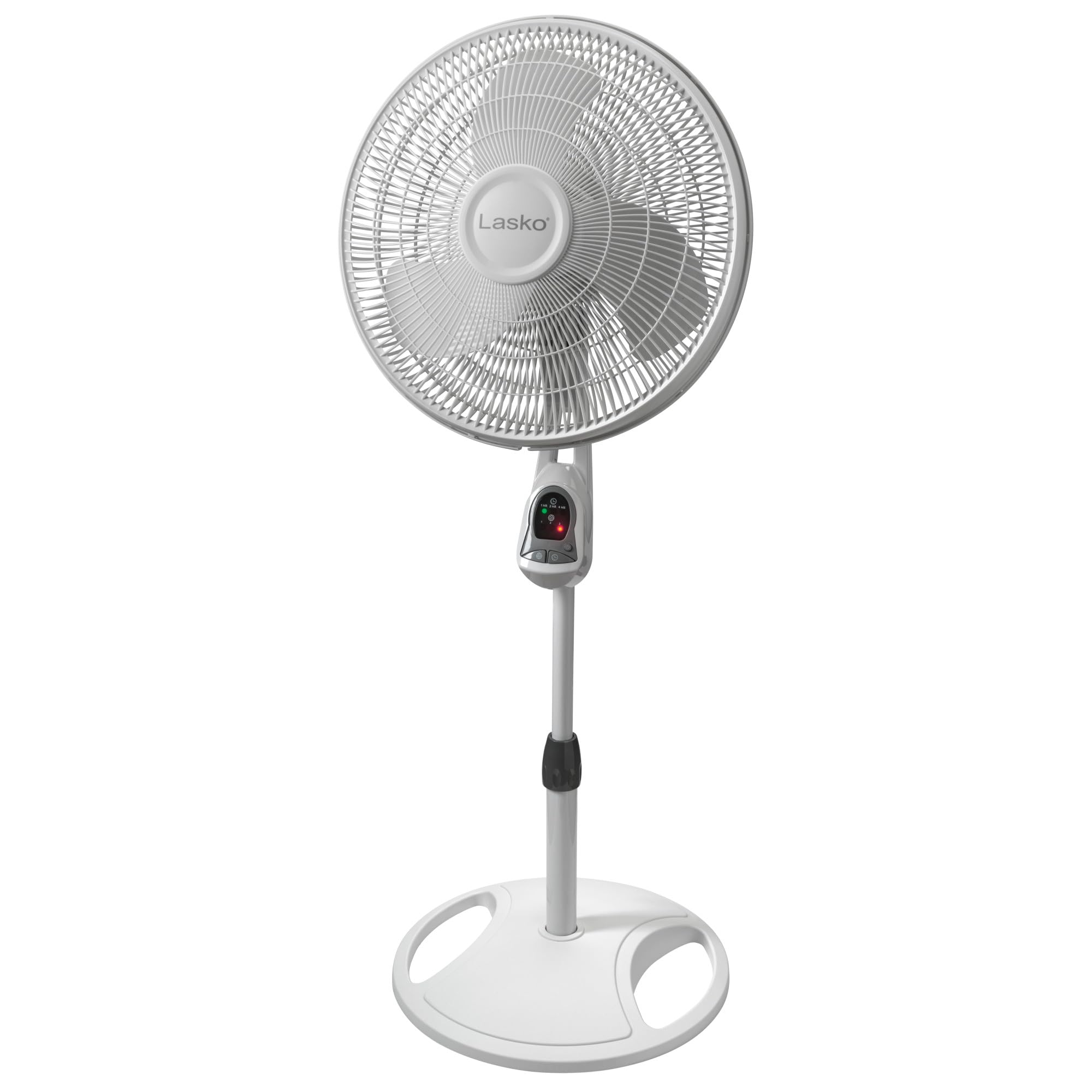 Lasko 16-inch pedestal fan front view shows wide blade for strong cooling in living spaces.