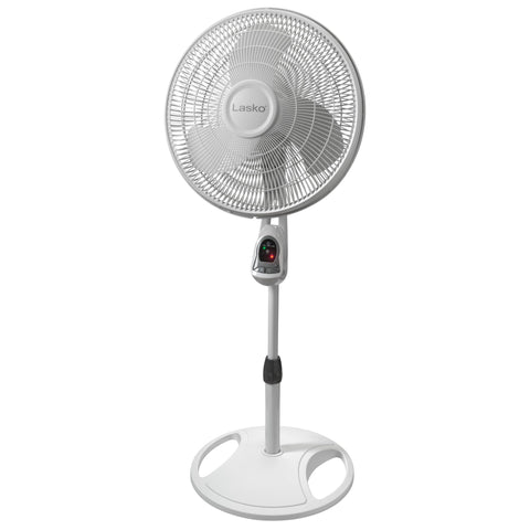 Lasko 16-inch pedestal fan front view shows wide blade for strong cooling in living spaces.