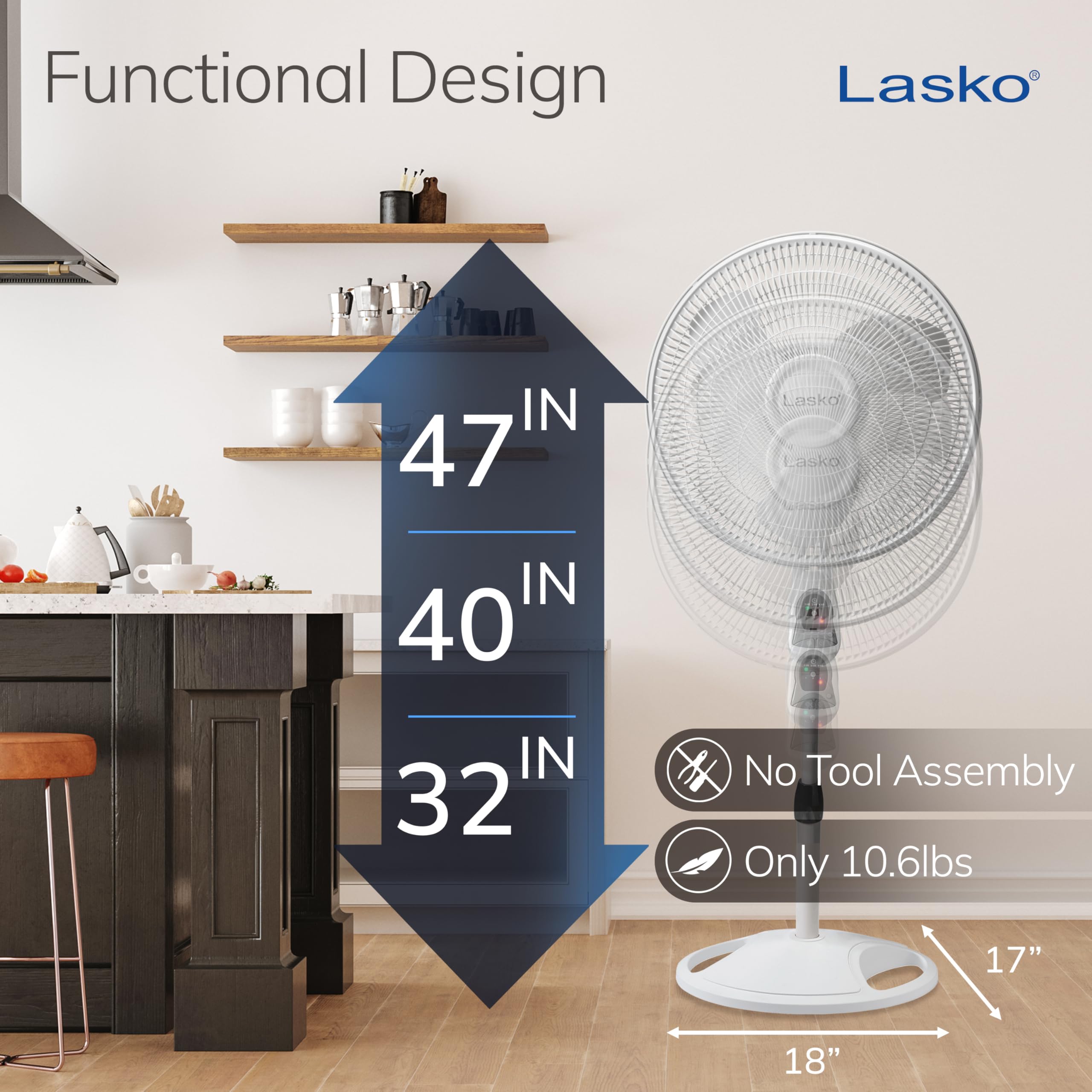Lasko adjustable height range 32–47 inches for versatile placement.