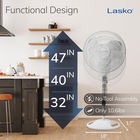 Lasko adjustable height range 32–47 inches for versatile placement.