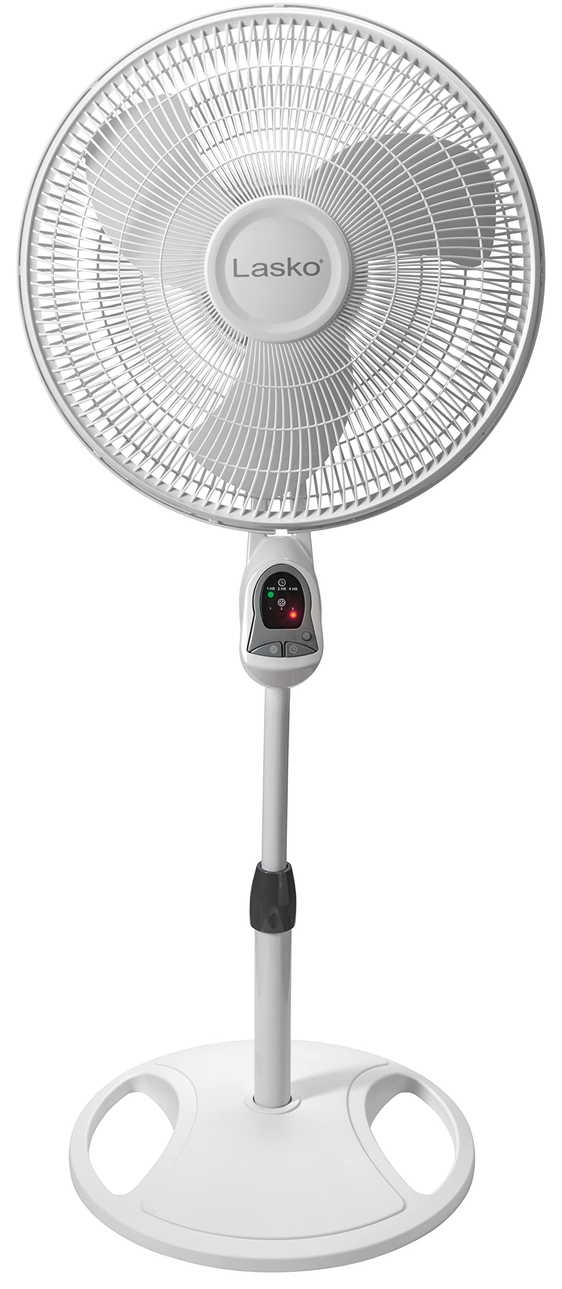Lasko pedestal fan in a bedroom setup for cooling.
