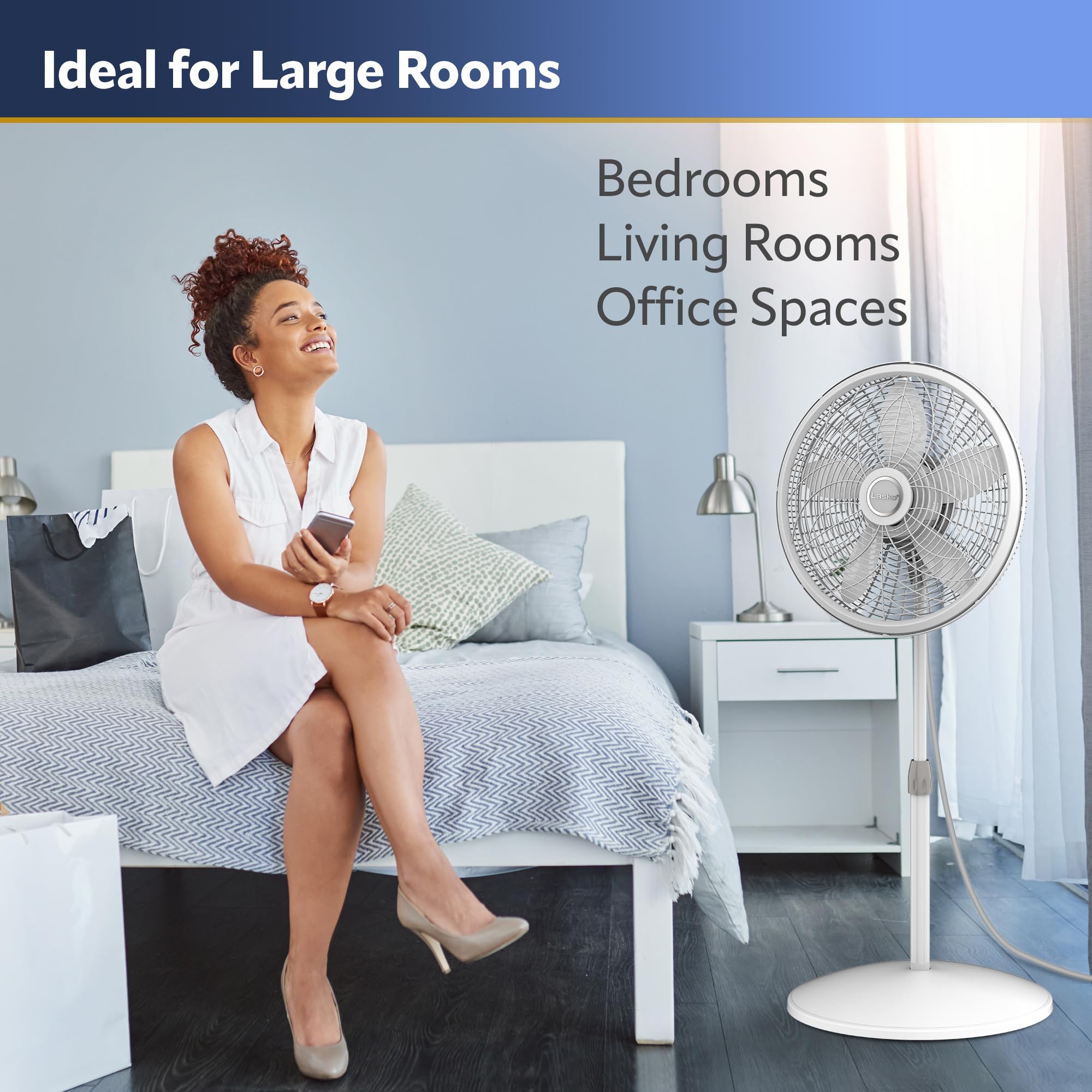 Lasko pedestal fan is lightweight and easy to move between spaces.