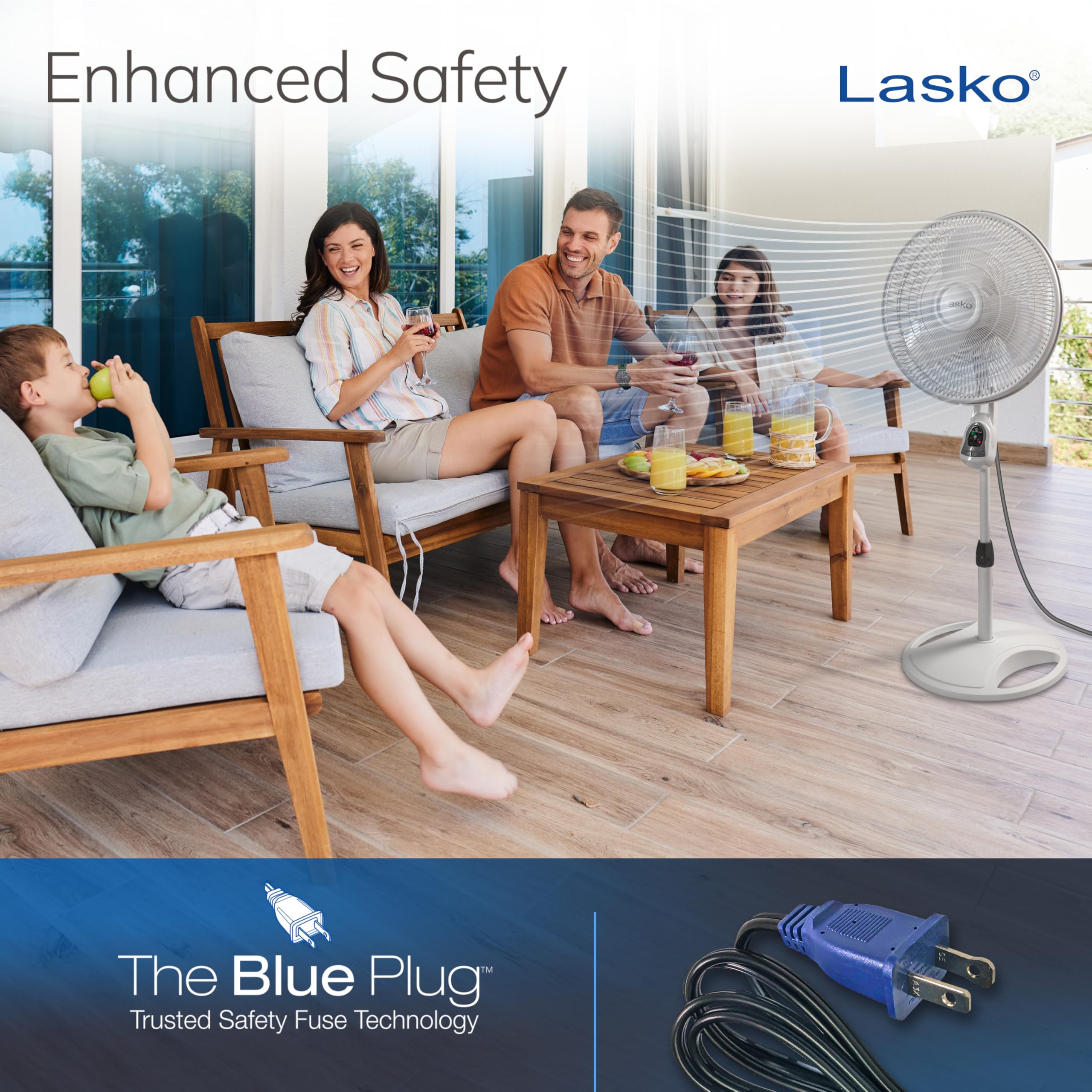 Lasko wide oscillation circulates breeze across room.