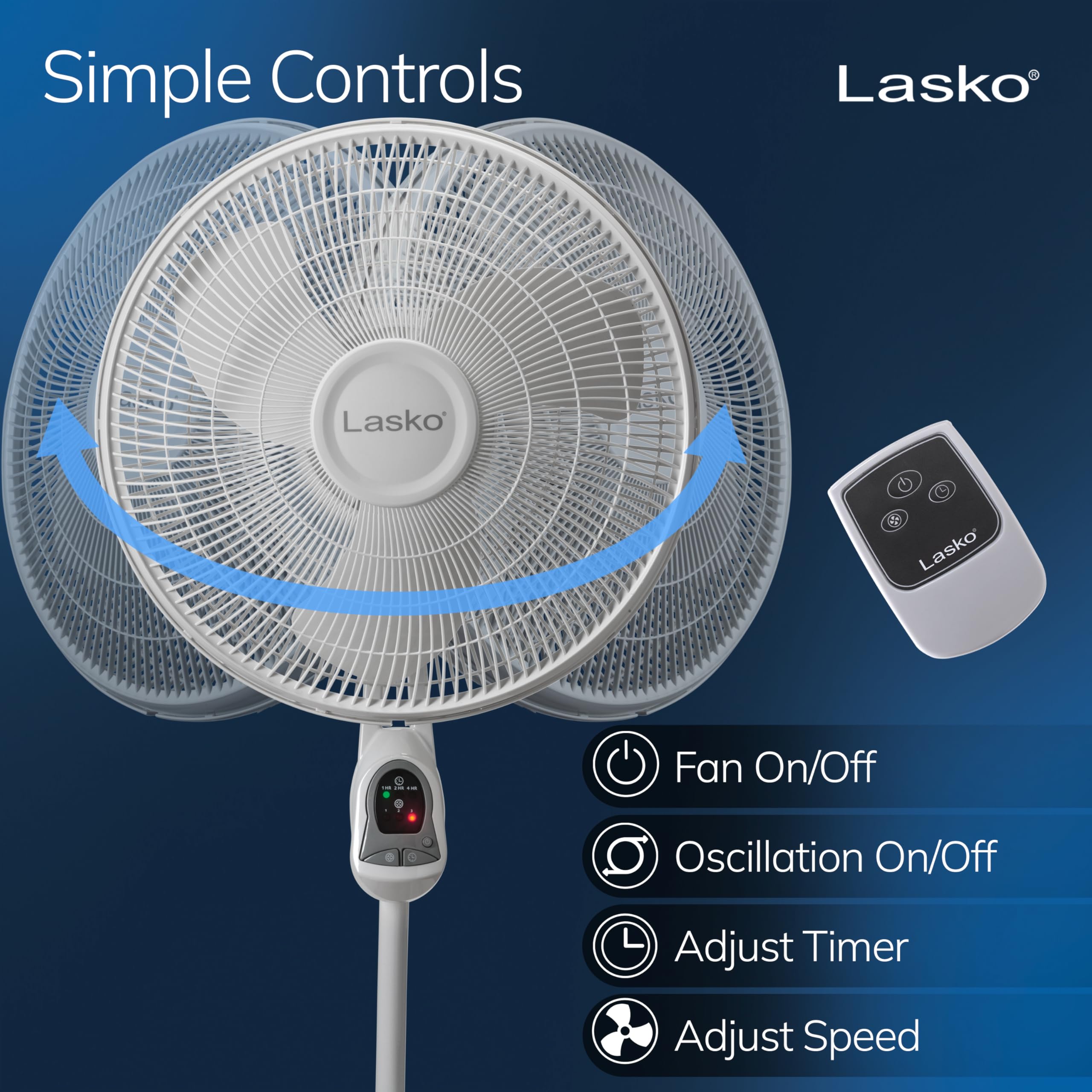 Lasko pedestal fan remote control for hands-free speed and timer adjustments.