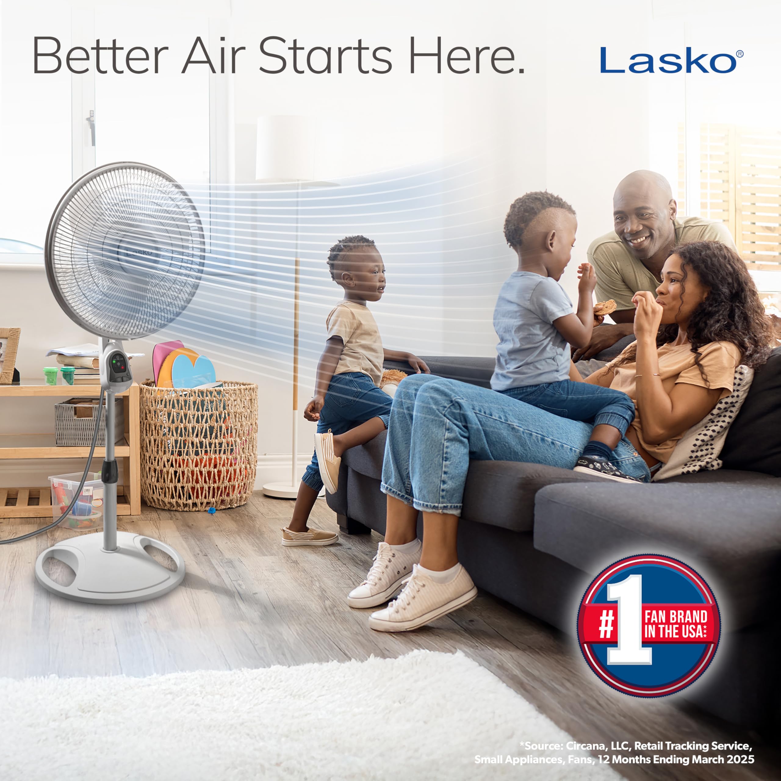 Lasko pedestal fan side view highlighting tilt-adjust head for focused airflow.