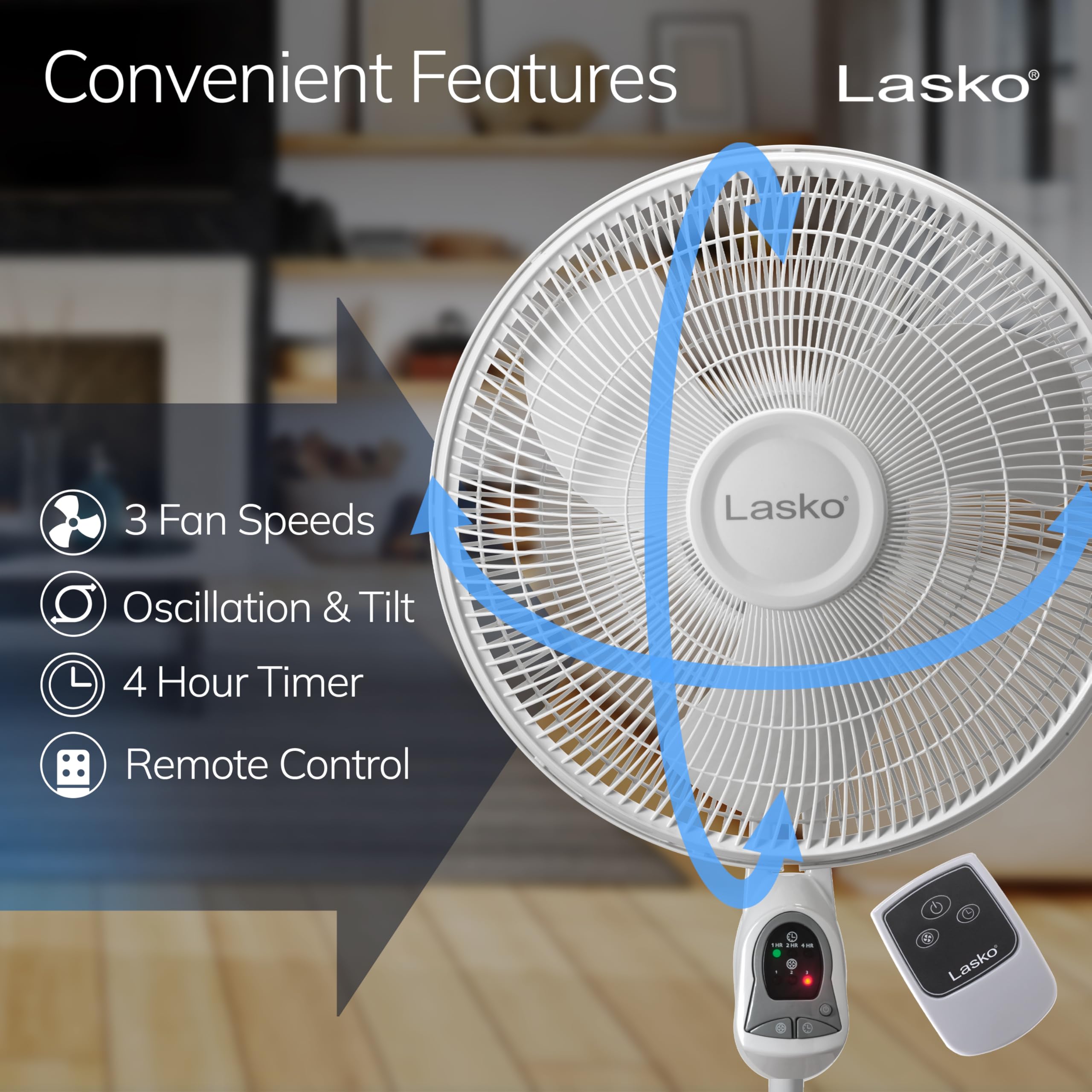 Lasko tilt-adjust head enables directed airflow for targeted cooling.