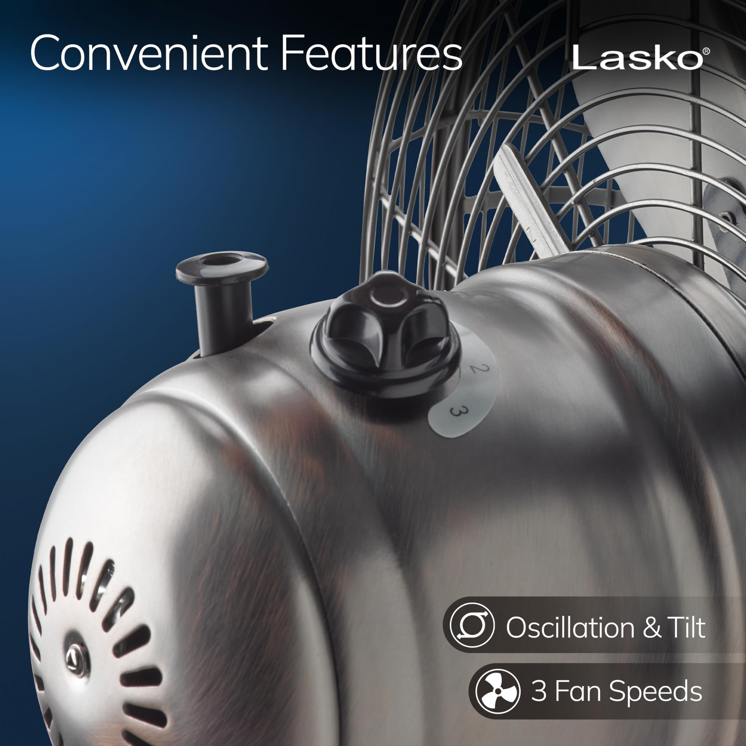 Lasko Bronze base with non-slip pads stabilizes on a desk
