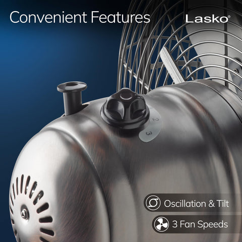 Lasko Bronze base with non-slip pads stabilizes on a desk