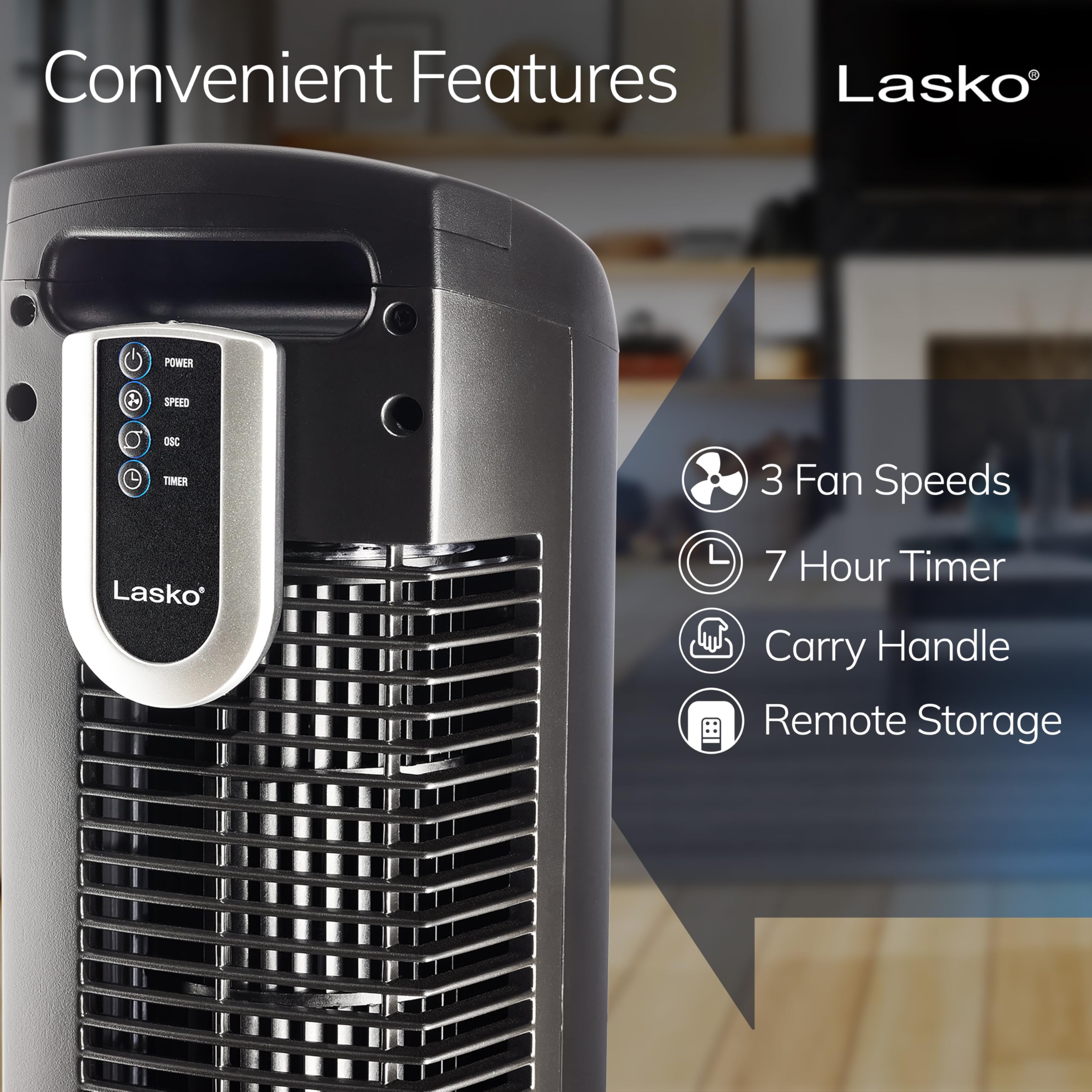 Lasko oscillating tower fan base assembly shown for quick setup.