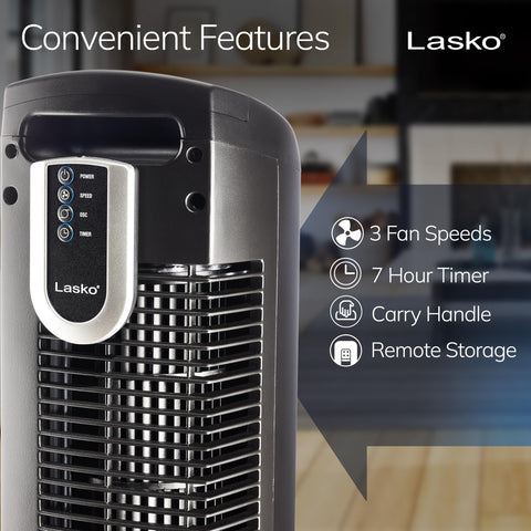 Lasko oscillating tower fan base assembly shown for quick setup.