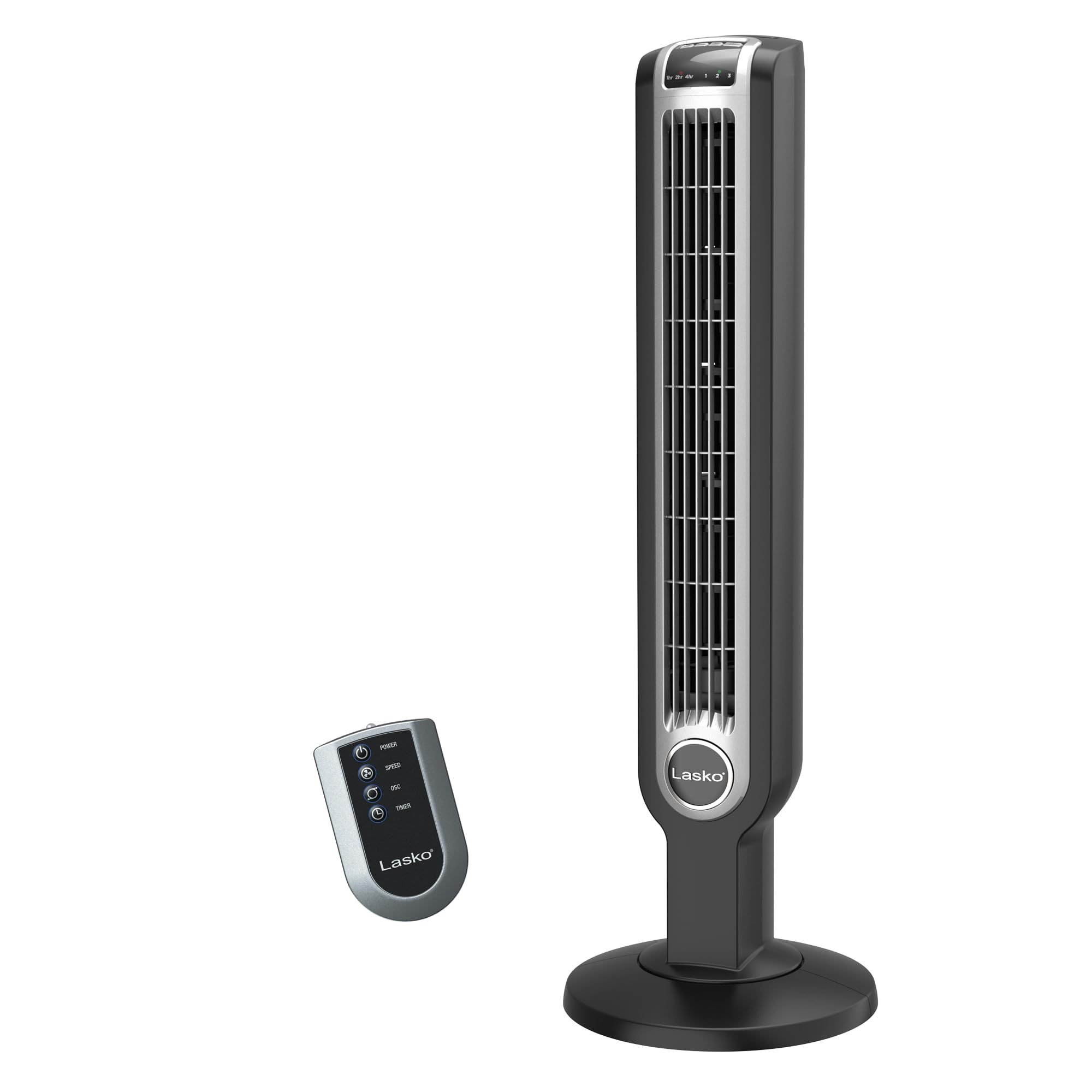 Lasko oscillating tower fan front view for quiet bedroom cooling.