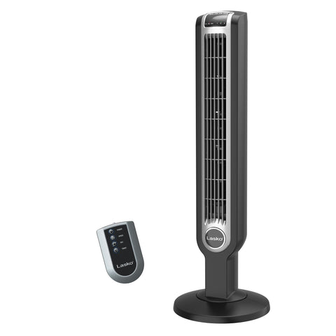 Lasko oscillating tower fan front view for quiet bedroom cooling.