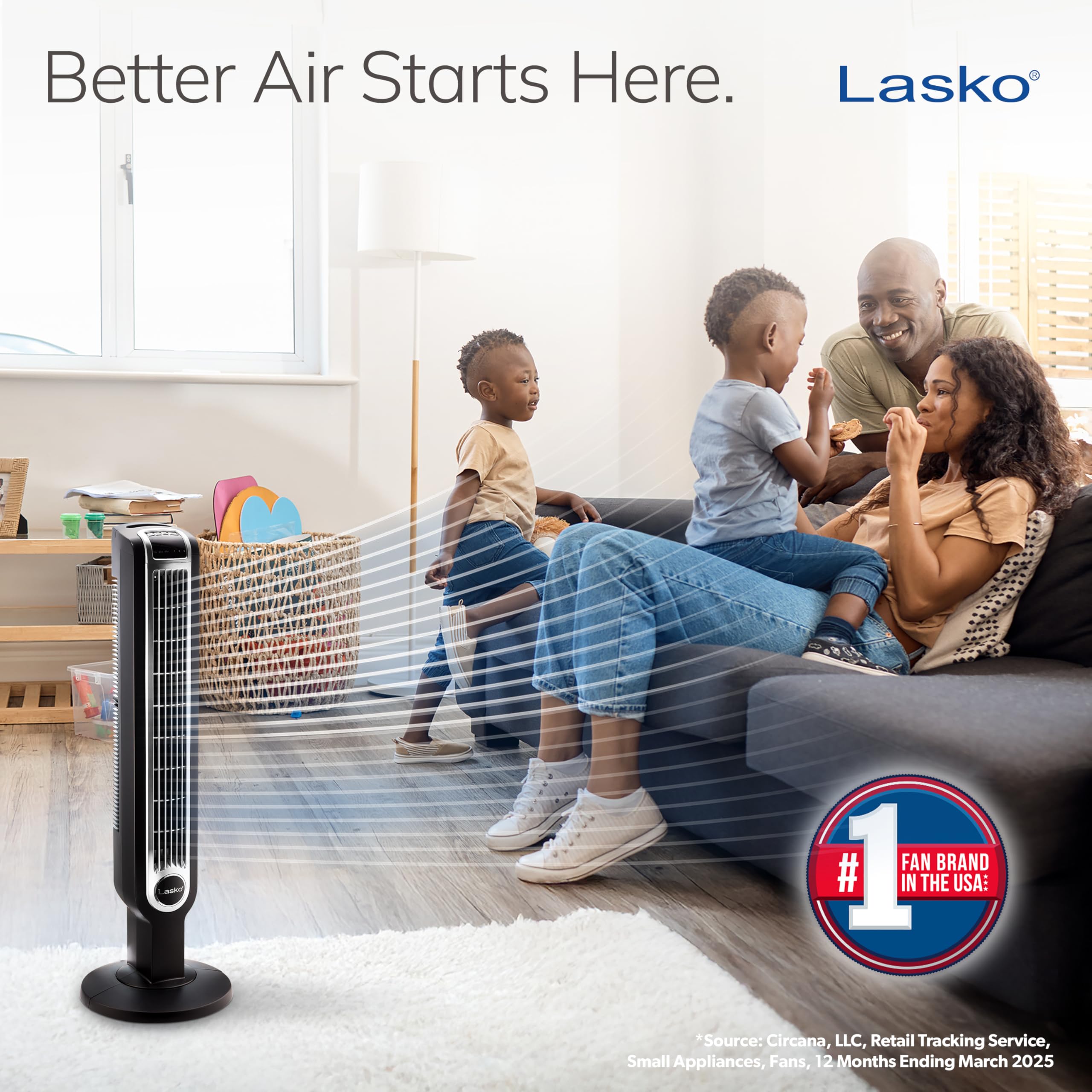 Lasko oscillating tower fan remote control in use for easy adjustments.