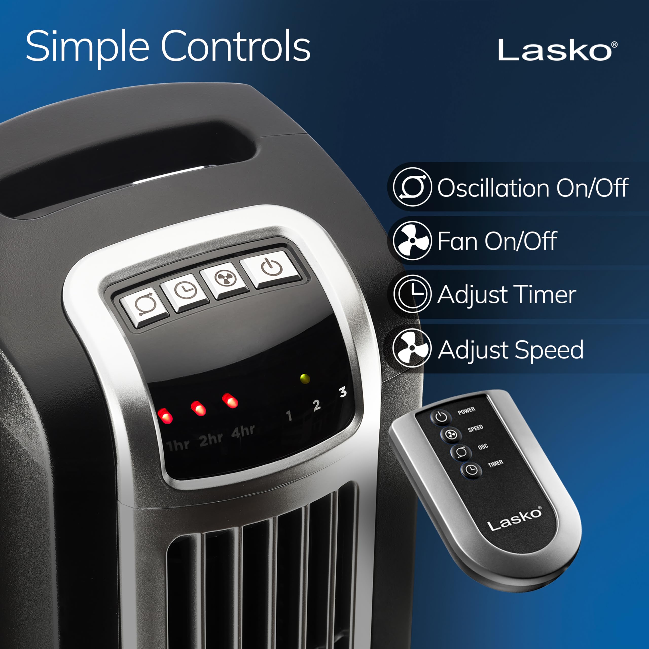 Lasko oscillating tower fan side-angle showcases compact base and sleek design.