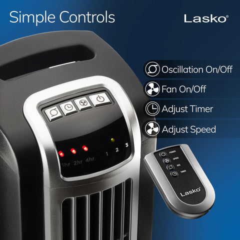 Lasko oscillating tower fan side-angle showcases compact base and sleek design.