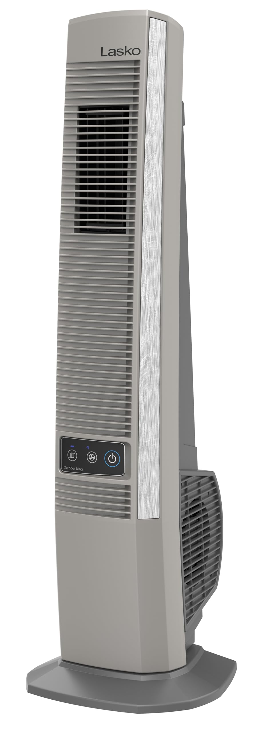 Lasko Outdoor Living Oscillating Tower Fan on deck provides cooling outdoors.