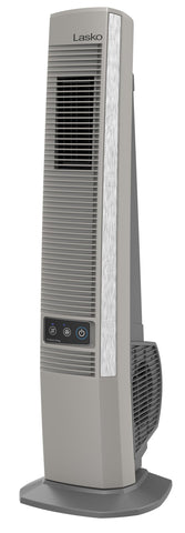 Lasko Outdoor Living Oscillating Tower Fan on deck provides cooling outdoors.