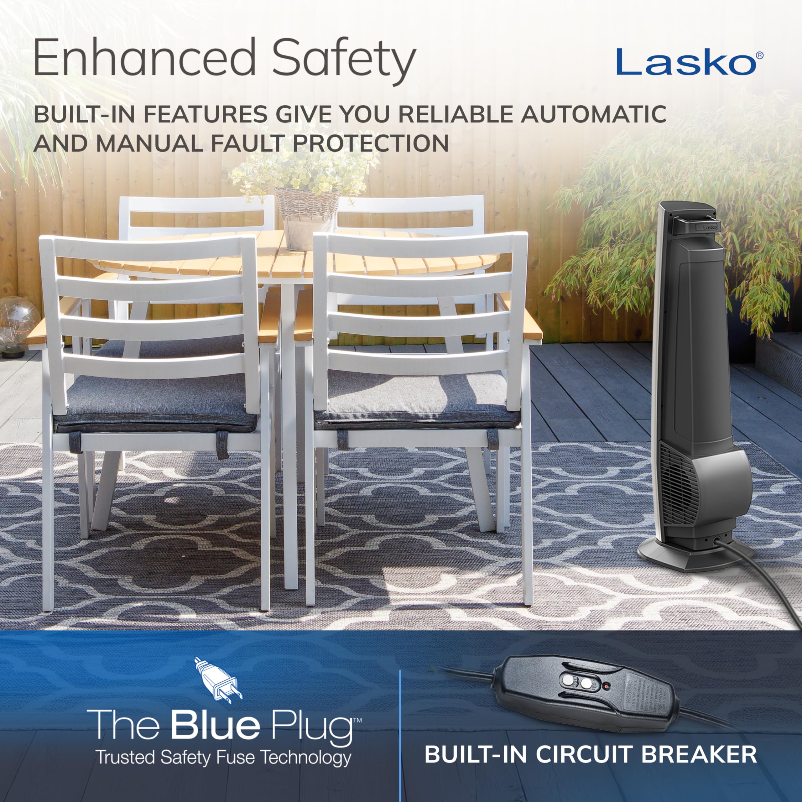 Lasko Outdoor Living Oscillating Tower Fan with grounded plug ensures safe outdoor use.