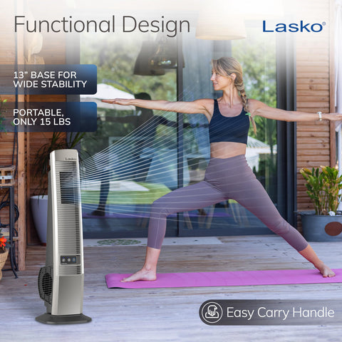 Lasko Night Breeze mode on the Outdoor Living Tower Fan delivers quiet cooling.
