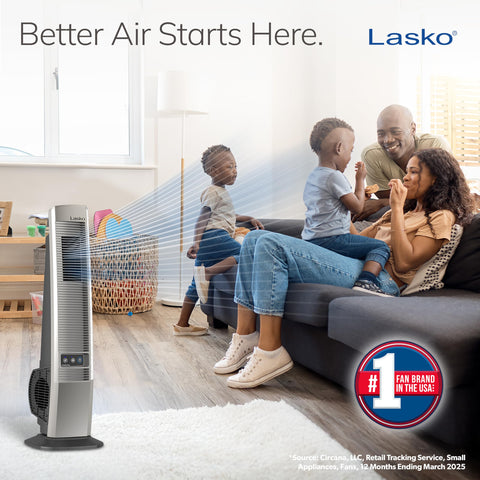 Lasko Outdoor Living Oscillating Tower Fan on patio distributes a refreshing breeze.