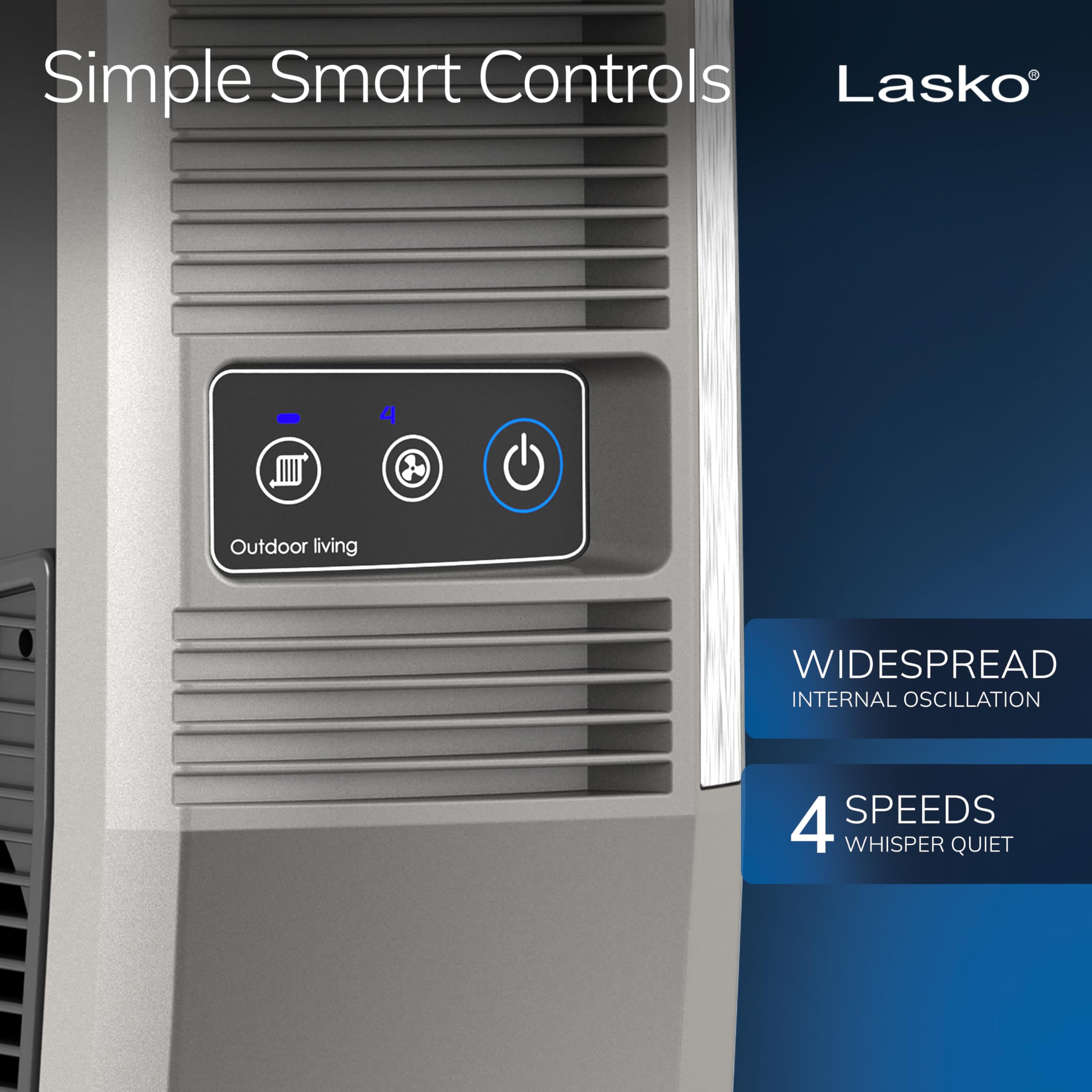 Lasko Outdoor Living Oscillating Tower Fan with ten-foot cord enables flexible placement.