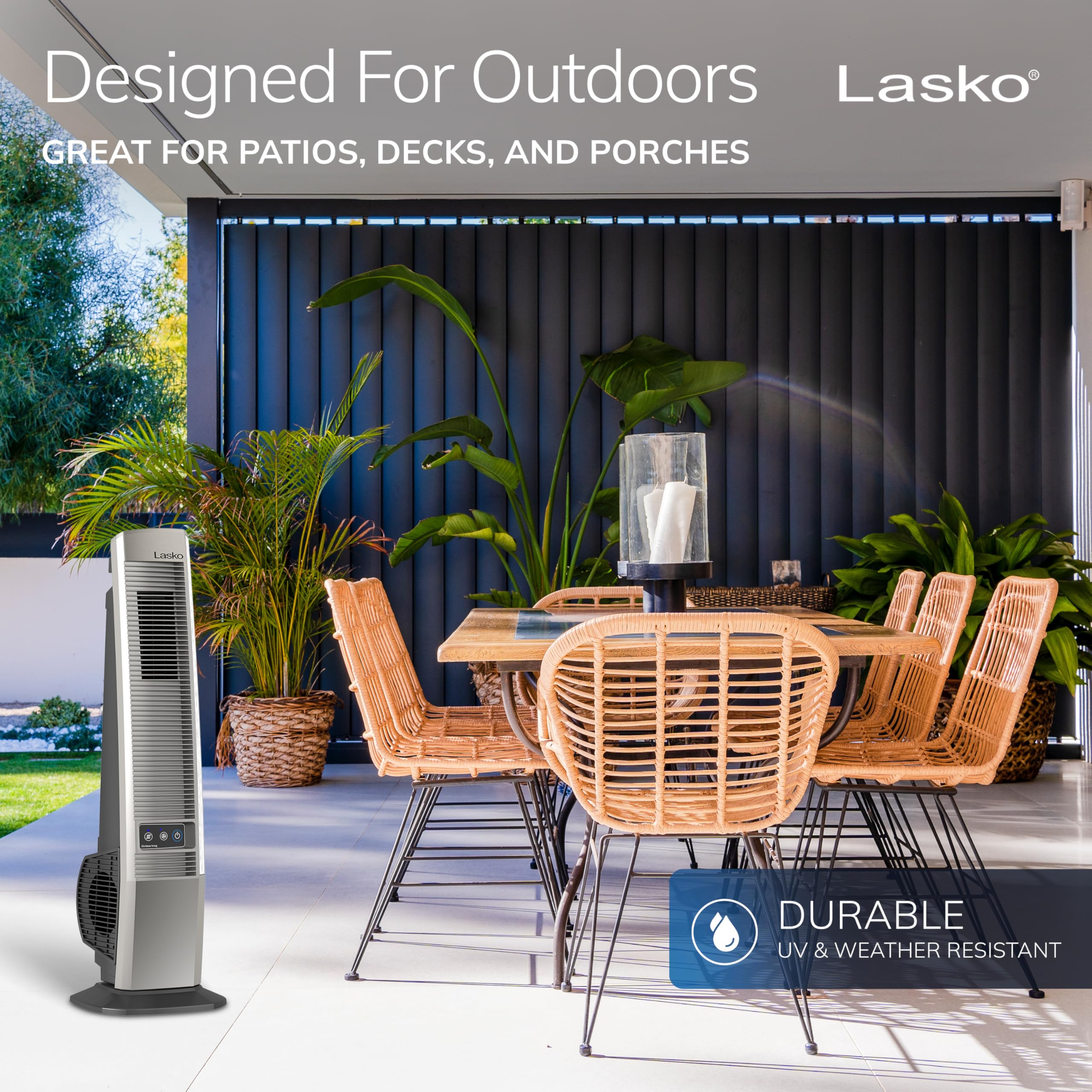 Lasko Outdoor Living Oscillating Tower Fan with UV protection enhances outdoor comfort.
