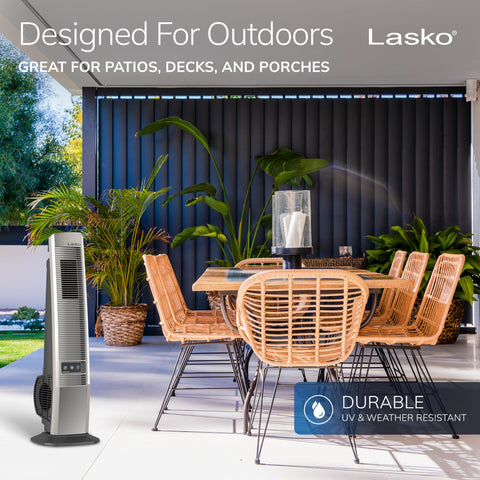 Lasko Outdoor Living Oscillating Tower Fan with UV protection enhances outdoor comfort.