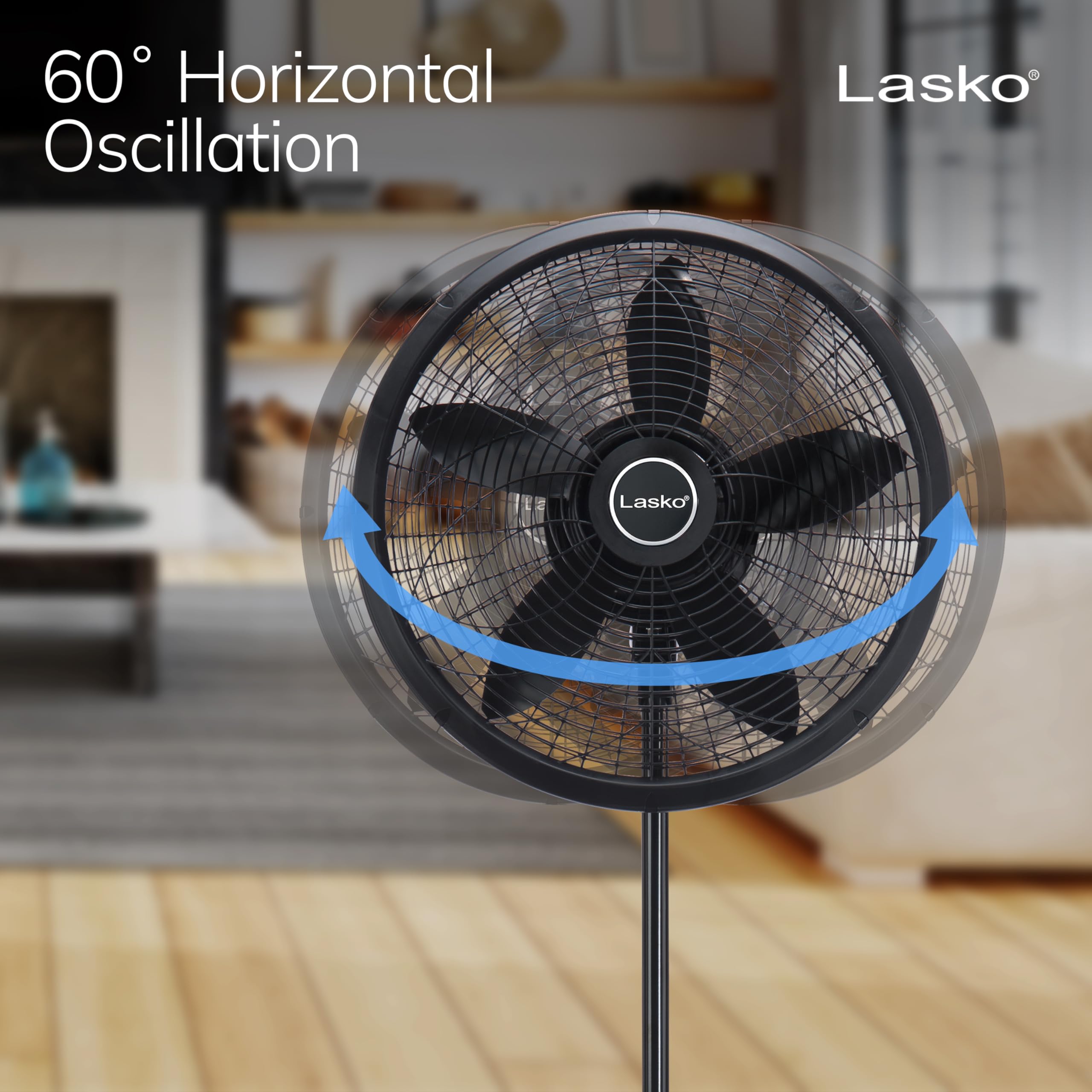 Lasko 60-degree oscillation spreads breeze across the room.